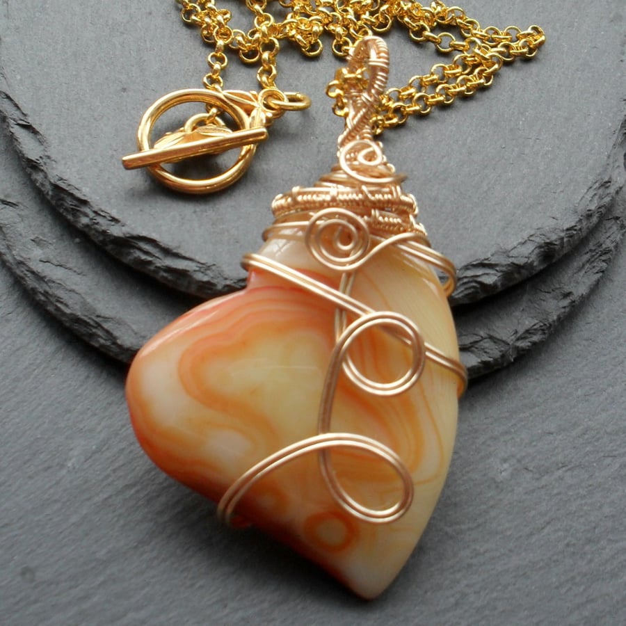 Orange Agate Heart Shaped Wire Wrapped Pendant FREE P&P IN UK