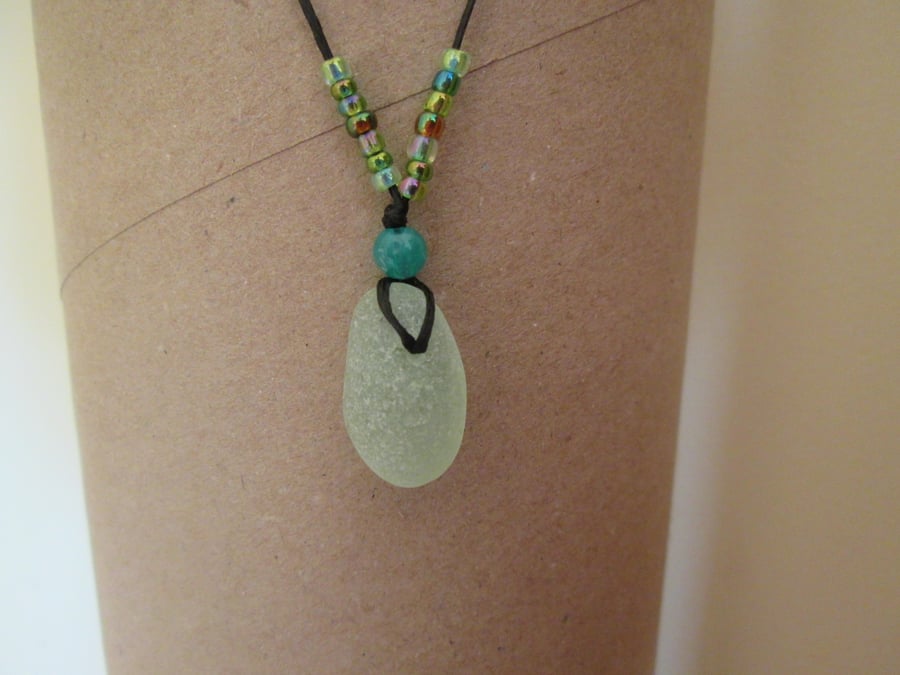 Aqua Seaglass Pendant Necklace on Linen Thong with pale green Beads