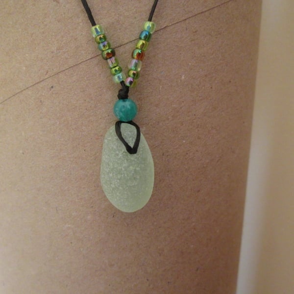 Aqua Seaglass Pendant Necklace on Linen Thong with pale green Beads