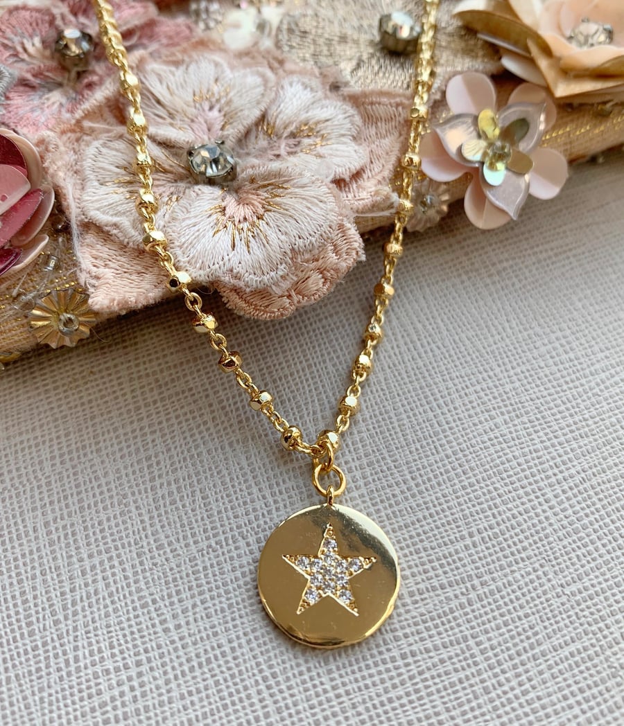 CZ Paved Gold Star Disc Pendant - Dainty Beaded Cable Chain 