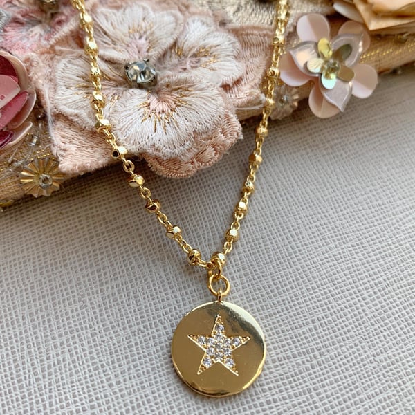 CZ Paved Gold Star Disc Pendant - Dainty Beaded Cable Chain 