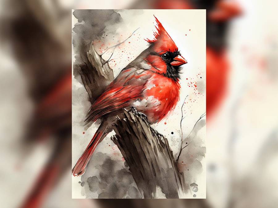 Red Cardinal Bird in a Tree, Watercolor Painting Print, Nature-themed Art 5x7