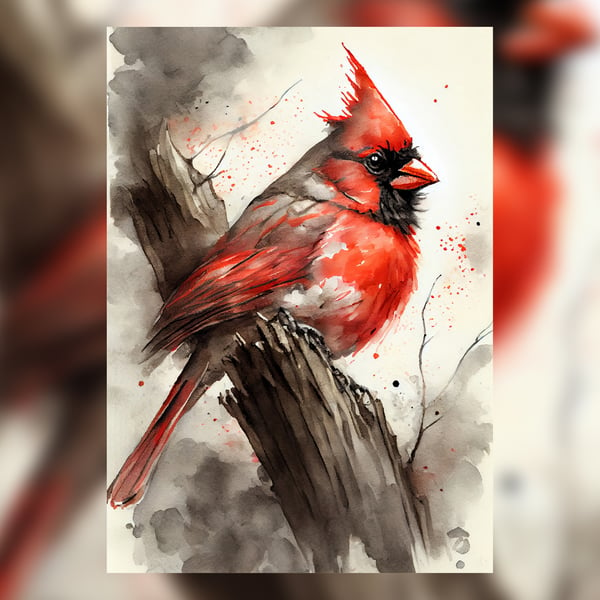 Red Cardinal Bird in a Tree, Watercolor Painting Print, Nature-themed Art 5x7