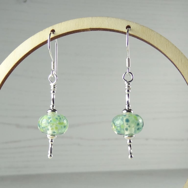 Green speckled lampwork glass drop earrings, sterling silver, handcrafted