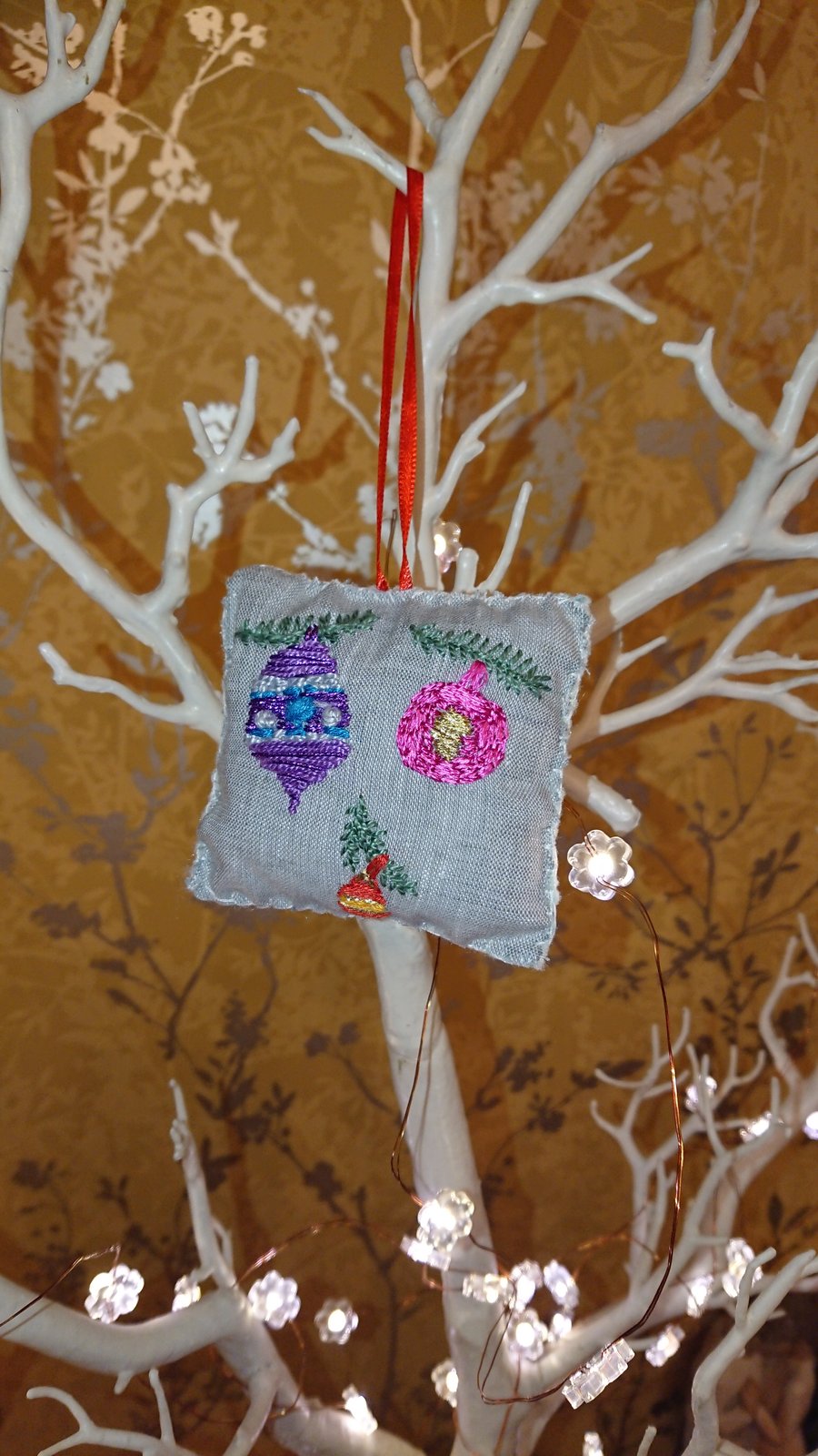 Hanging Christmas Baubles Decoration, hand embroidered 