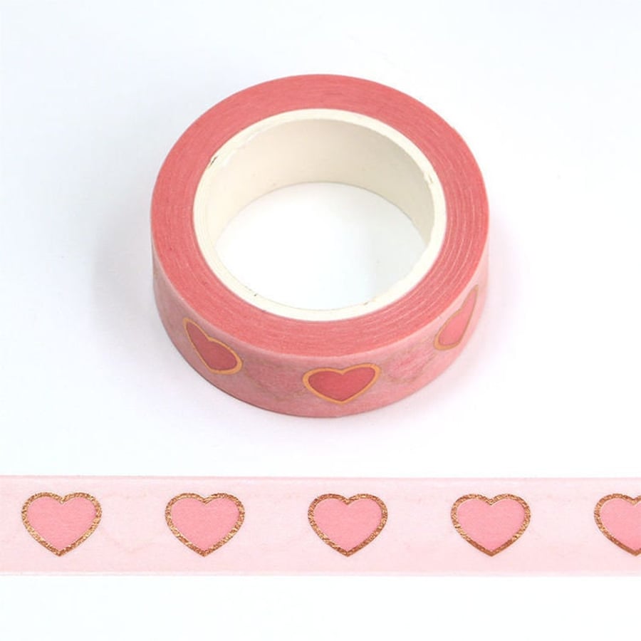 Pink With Rose Gold Foil Love Hearts Washi Tape 15mm x 10 Meters Eco Friendly Bu