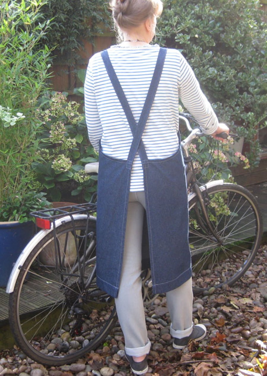 Womens Cross Back Denim Apron, Side Pocket, No Ties Apron. Blue No4