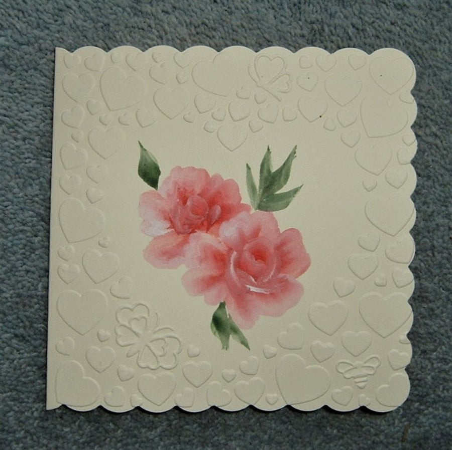 original hand painted embossed heart and roses greetings card ( ref F 689)