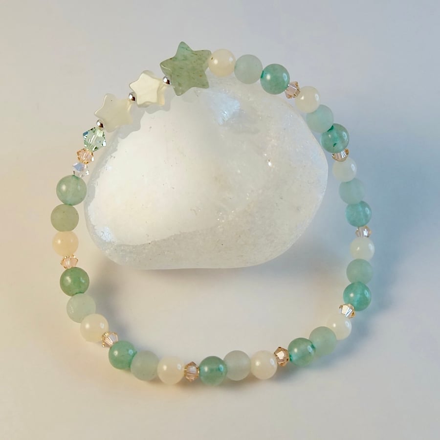 Green Aventurine Bracelet With Stars And Swarovski Crystals - Handmade In Devon