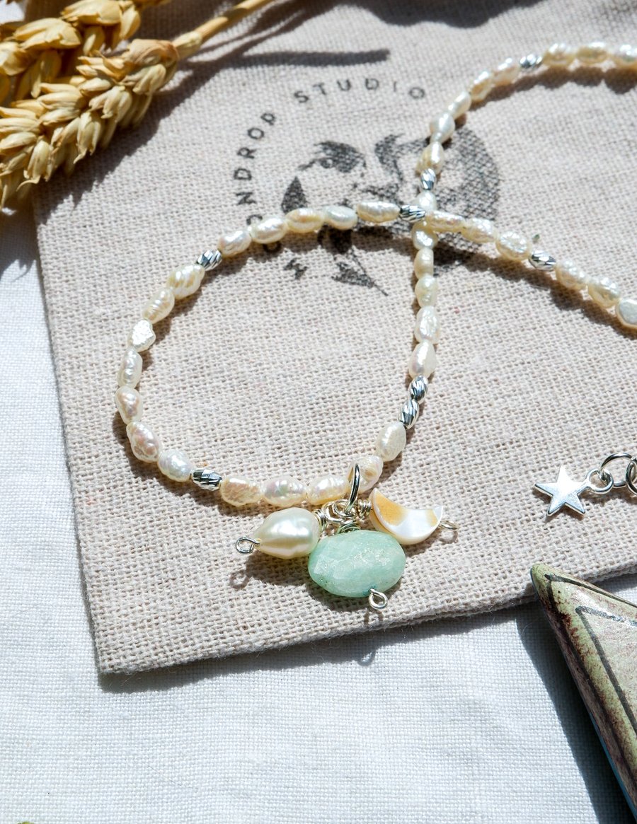 Pearl Necklace - Celestial Amazonite Gemstone Beaded Sterling Silver Necklace