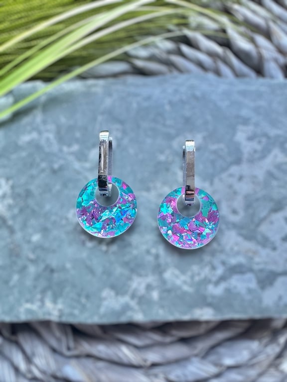 Blue and Pink Confetti Glitter Acrylic on Hoop Earrings 