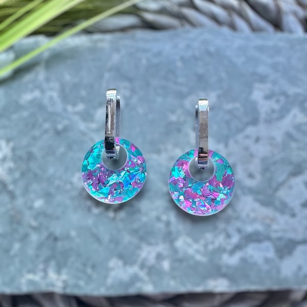 Blue and Pink Confetti Glitter Acrylic on Hoop Earrings 