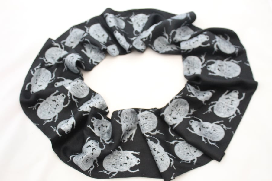 Black and silver bug print infinity scarf, hand print beetle,steampunk,eco gift.