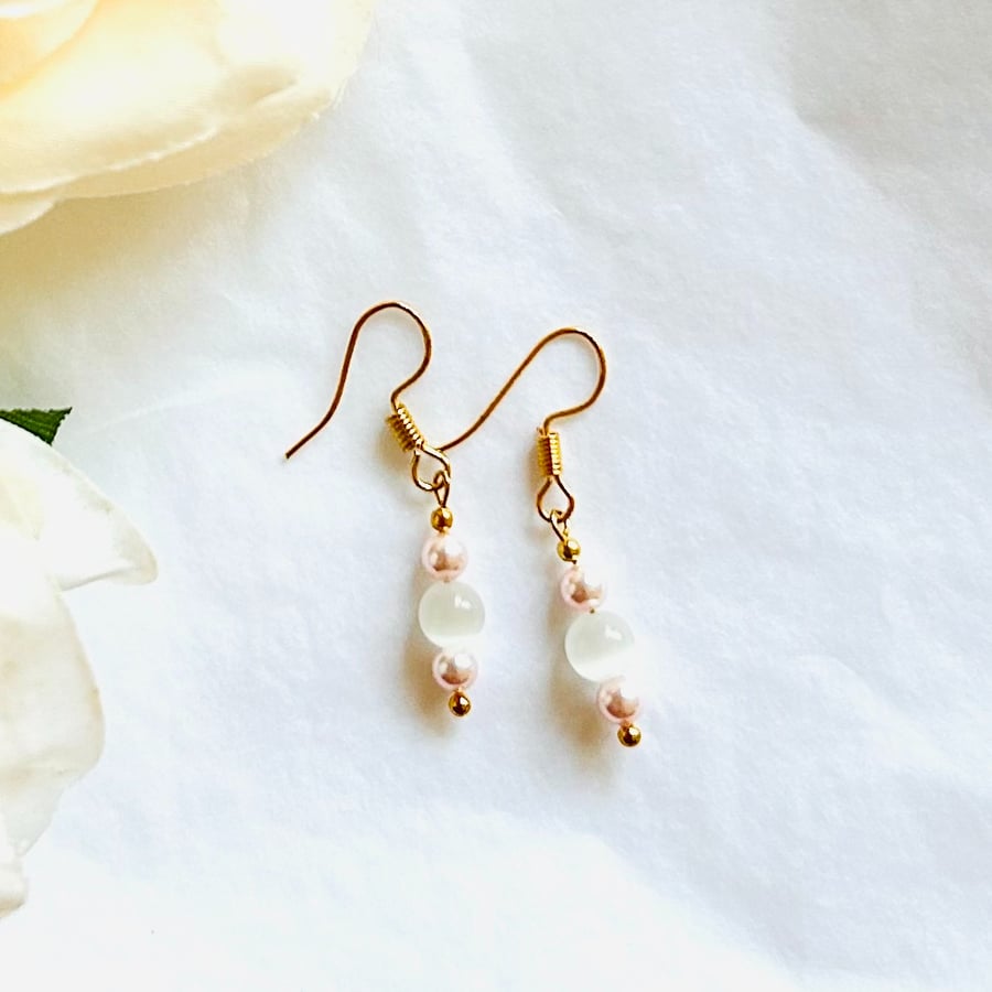 White Opal & Swarovski pearls earrings on gold plated hook - October birthstone