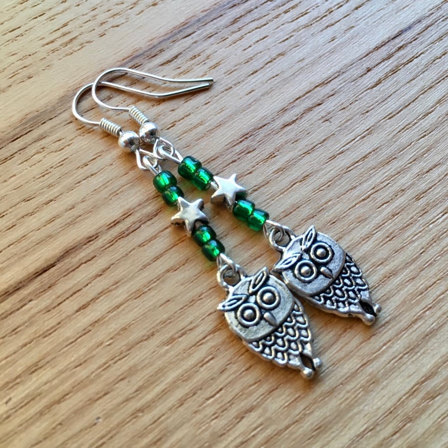 Green Owl Charm Earrings, Gift for Her, Nature Lover Present