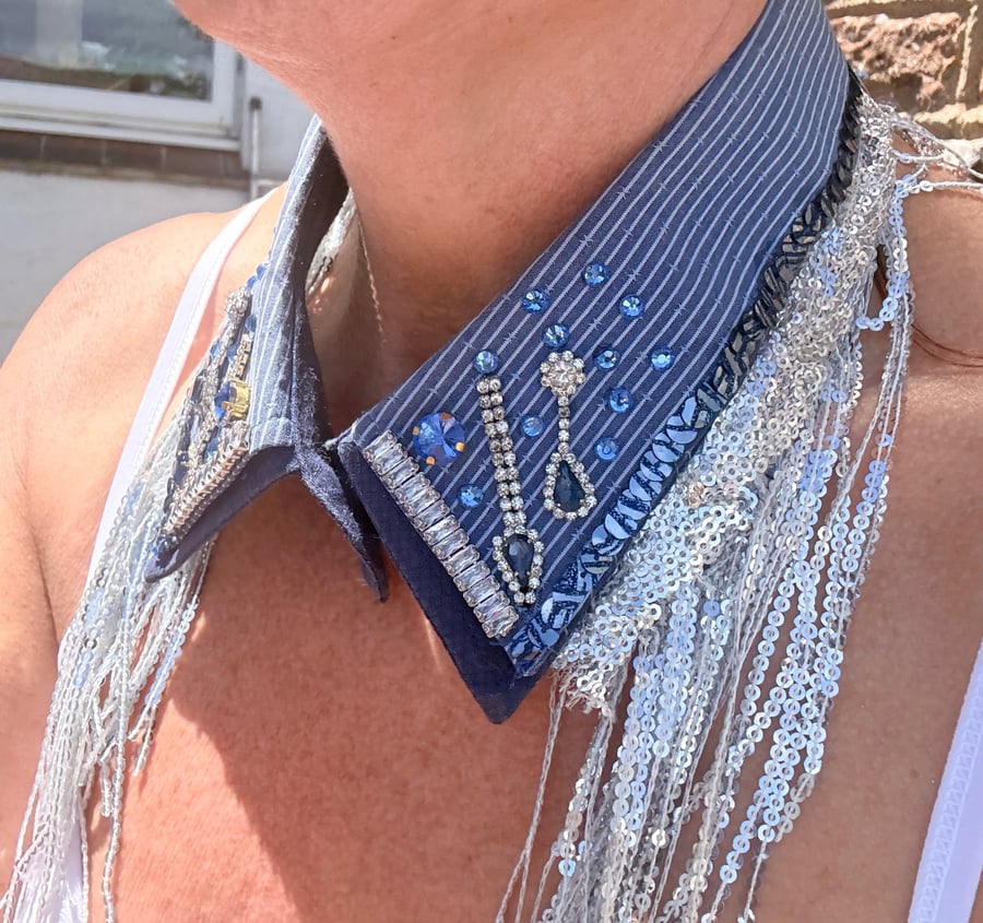  Detachable Embellished Sky Blue Collar White Crystals & Sequins Neckcessory
