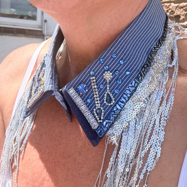  Detachable Embellished Sky Blue Collar White Crystals & Sequins Neckcessory