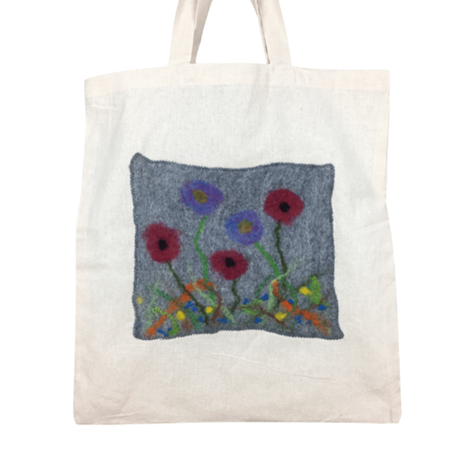 Shopping, tote bag with grey felted floral panel - SALE