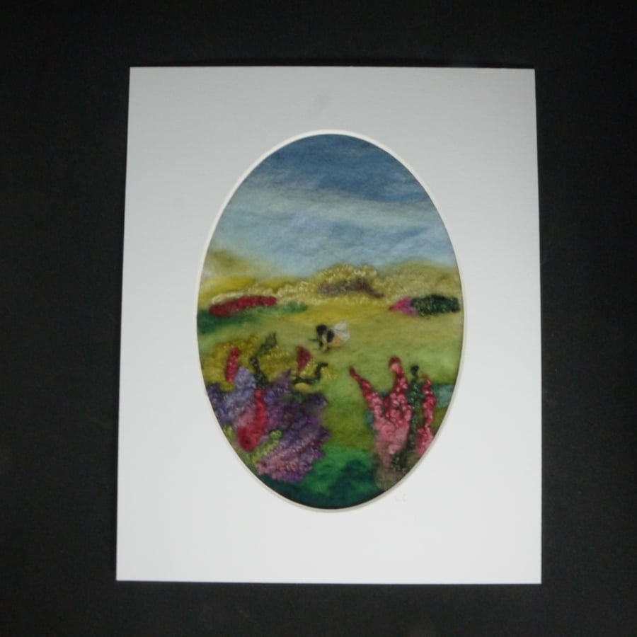 Handmade needle felted Flower Garden with Bee Mounted Art