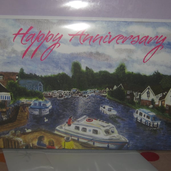 Norfolk Broads View Wroxham Bridge Anniversary Card
