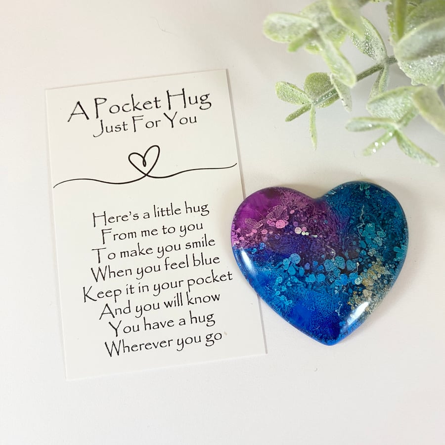 Peacock Alcohol Ink Resin Pocket Hug Heart & Card