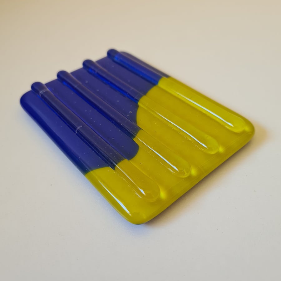 Small blue and yellow fused glass soap dish