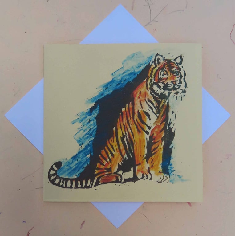 Tiger Art Greeting Card From Original Lino Cut Print Cream