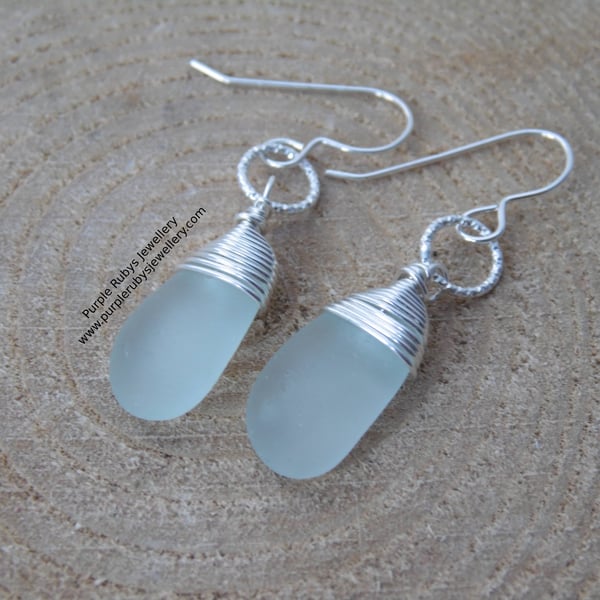 Marazion Dainty Seafoam Cornish Sea Glass Earrings on Diamond Cut Rings E627