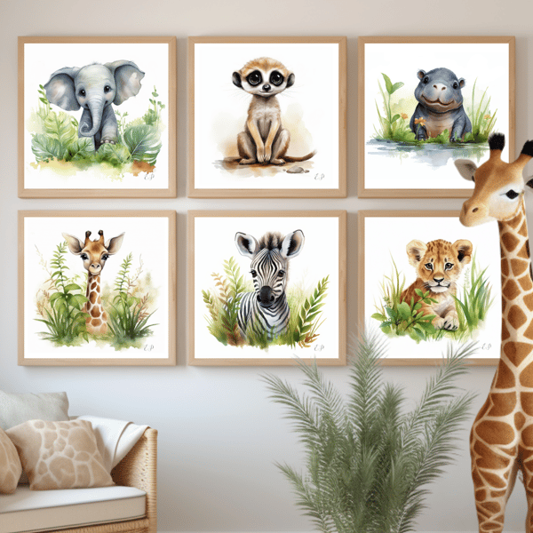 Watercolour Nursery Prints 'Cute Safari Animals' - Giraffe, Elephant, Zebra