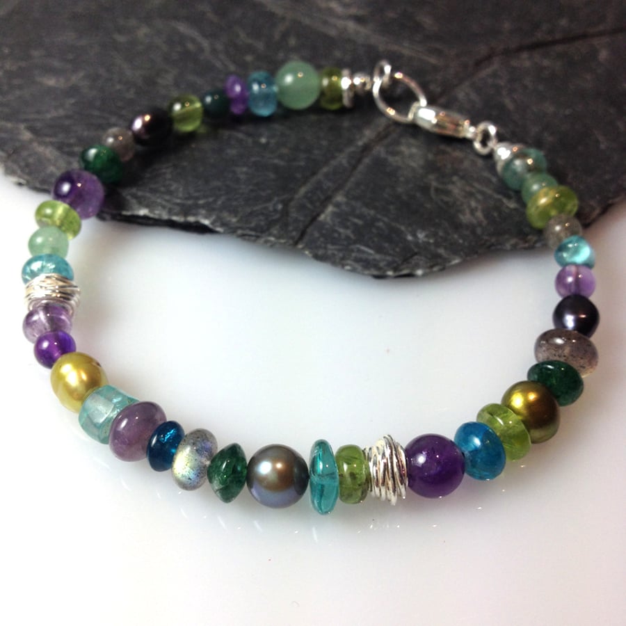 Silver and gemstone Peacock bracelet