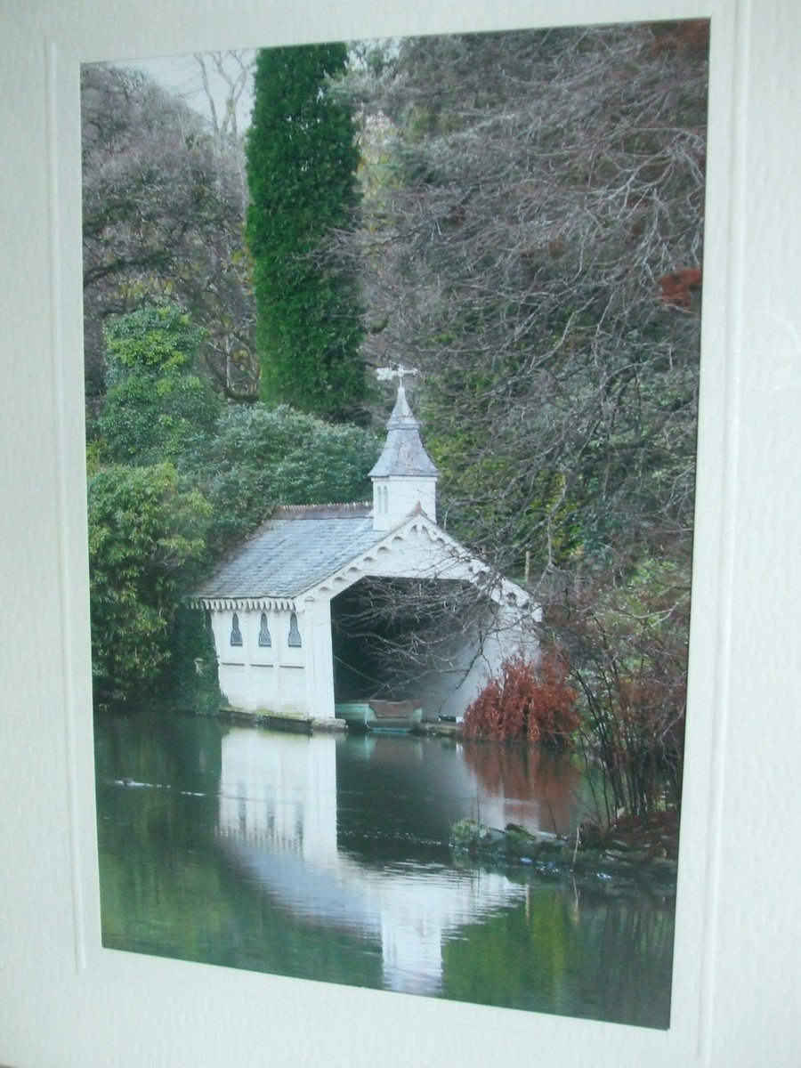 Photographic greetings card of Trevarno boat house.