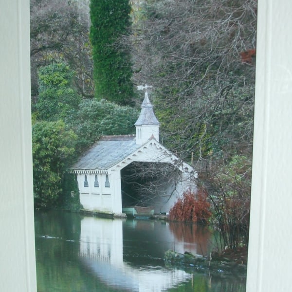 Photographic greetings card of Trevarno boat house.