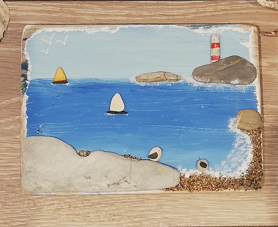Pebble Seagull with pottery boats palletwood picture 