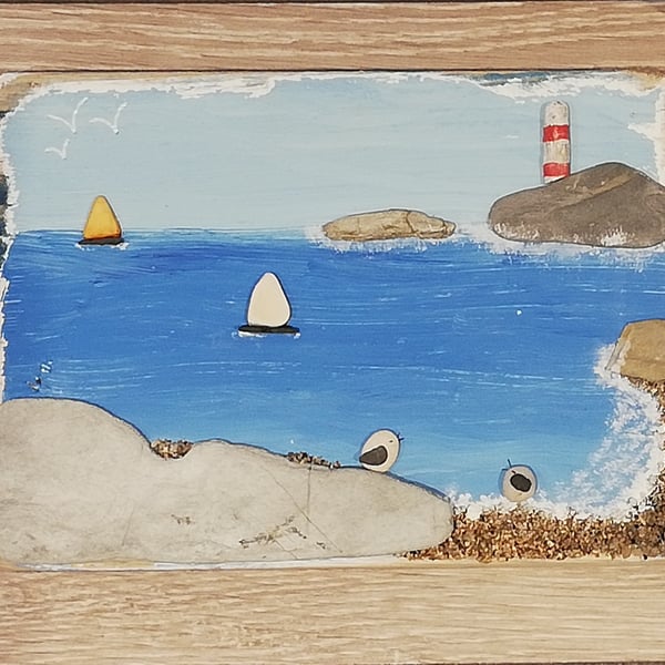 Pebble Seagull with pottery boats palletwood picture 