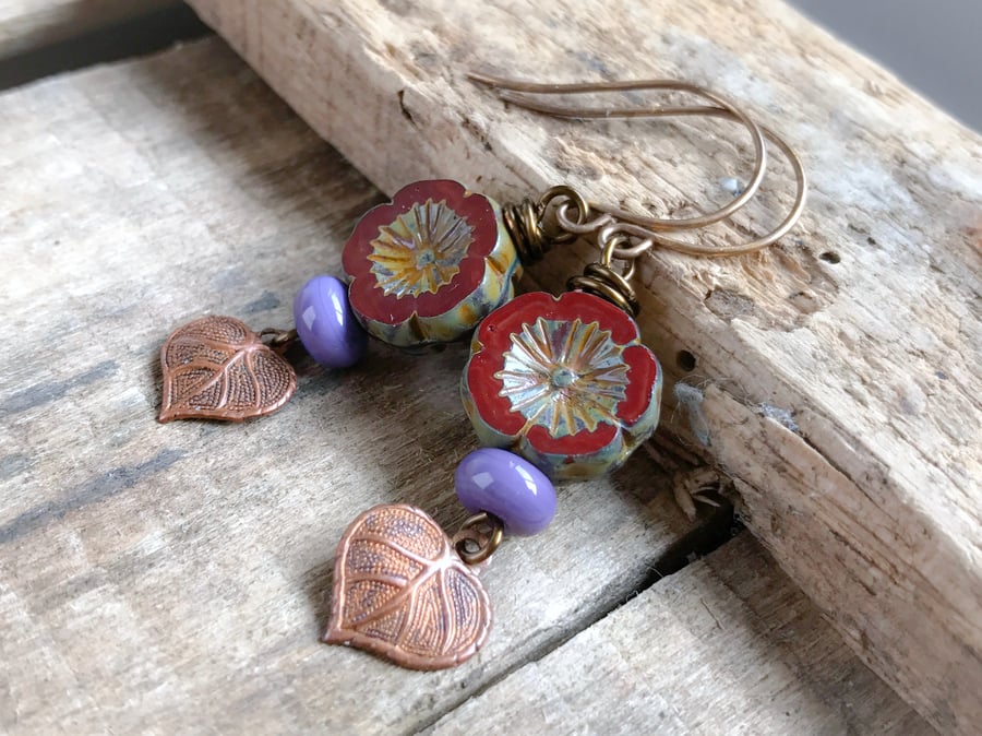 Rustic Burgundy Glass Flower Earrings. Autumn Earrings. Copper Leaf Earrings