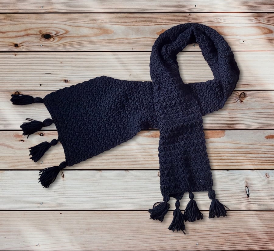 Handmade crochet black scarf with tassels. Unisex.......