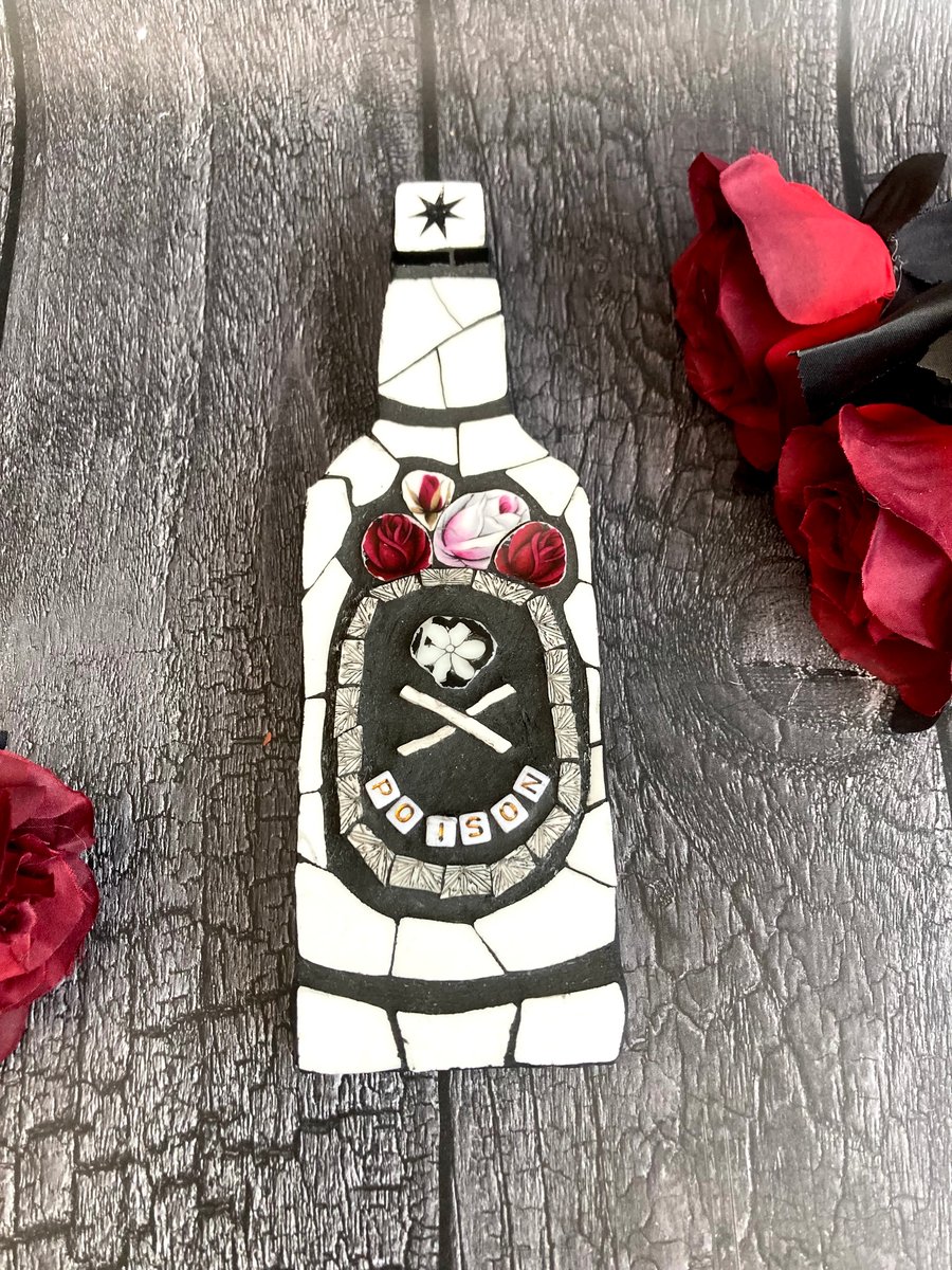 Mosaic Gothic Style Halloween Decor, Poison Bottle Decoration, Red Rose Design