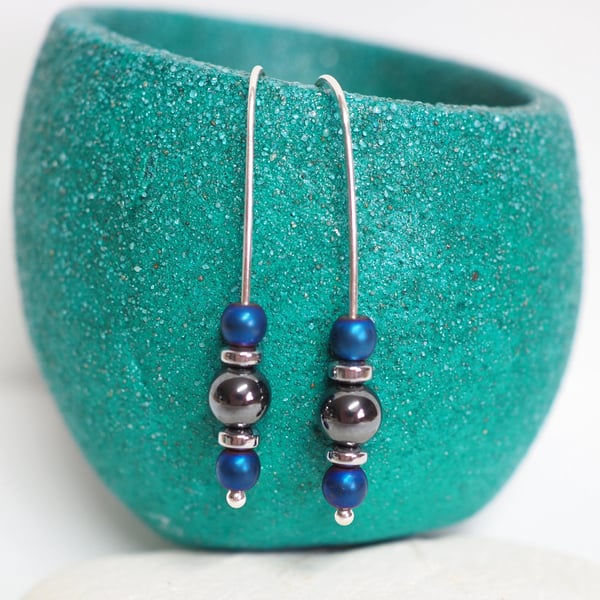 Earrings, Hematite Drop Earrings, Silver Dangle Earrings with Hematite Beads