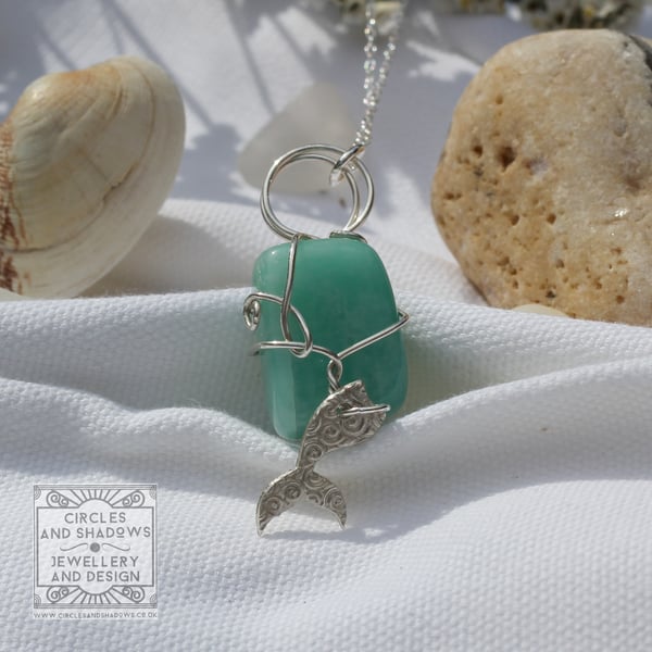 Mermaid Tail Charm and Amazonite Necklace Pendant Hallmarked Silver
