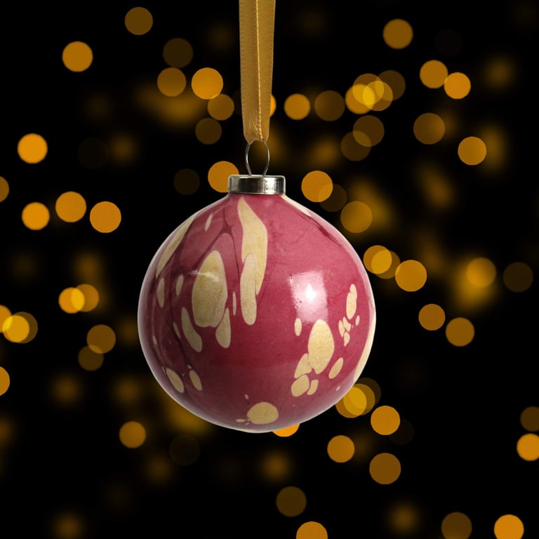 Christmas bauble ceramic hand marbled 5cm round in red and gold 