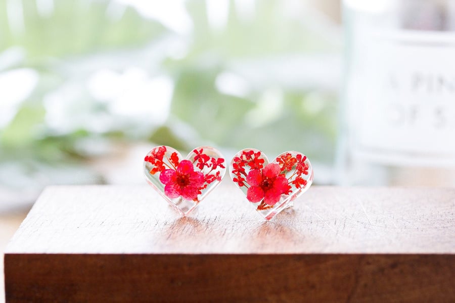 Real Flower Earrings Red Hearts Sterling Silver Red Earrings Resin Jewellery Gif