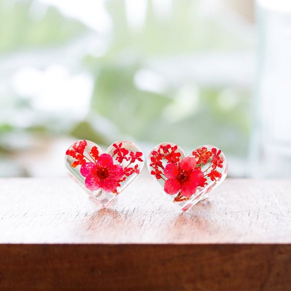 Real Flower Earrings Red Hearts Sterling Silver Red Earrings Resin Jewellery Gif