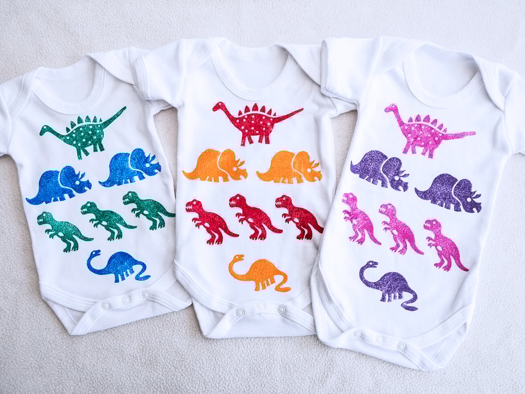 Hand printed dinosaur babygro sleepsuit romper babygrow onesie Indian wood block