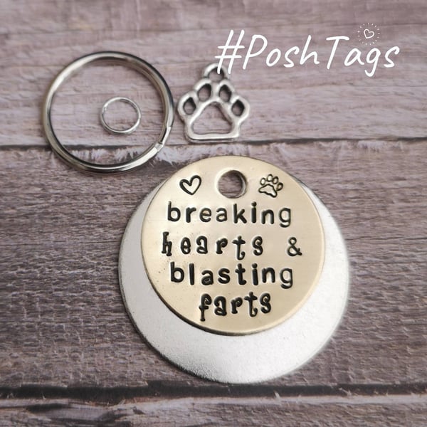 Breaking hearts and blasting farts pet tag dog tag hand stamped ID PoshTags Coll