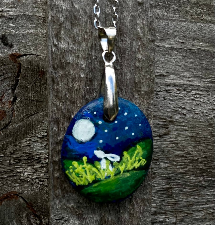Moon Gazing Hare Hand Painted Stone Pendant Necklace handmade jewellery