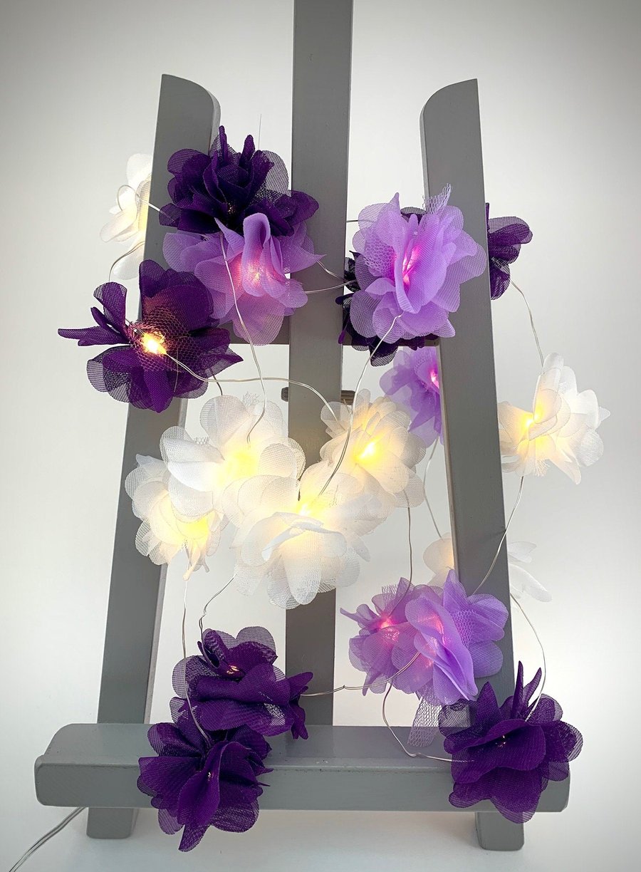 20 chiffon flower Fairy Lights in purple, lilac and white