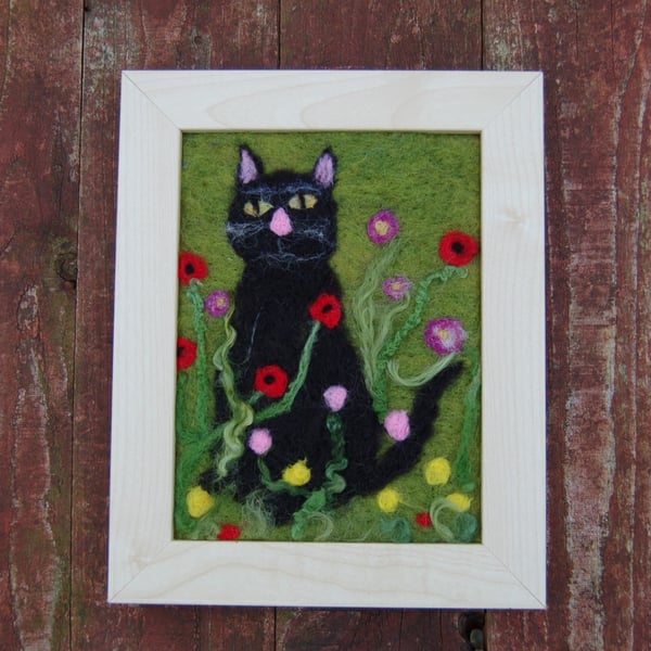 Textile Art Black cat, wool art picture,  needle felted, Fibre art