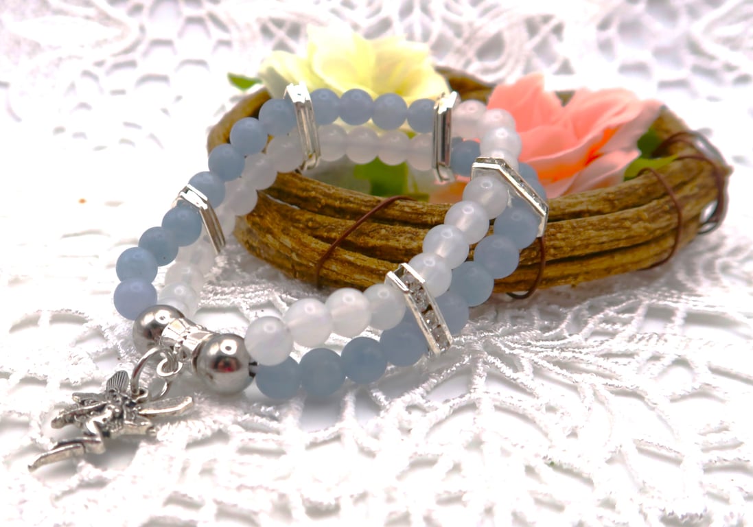 Jade and Selenite Stretch Bracelet with a pretty Fairy Charm. Free UK Postage