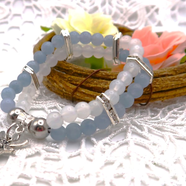 Jade and Selenite Stretch Bracelet with a pretty Fairy Charm. Free UK Postage