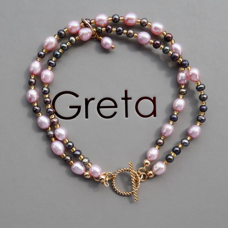 Double Strand Pink and Black Pearl Bracelet - 14k Gold Filled Toggle Clasp